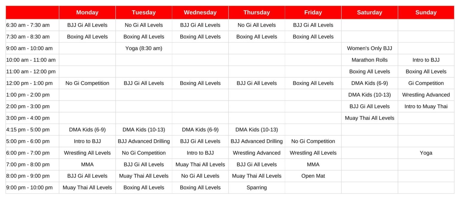 Weekly class schedule grid with days of the week as columns and time slots as rows (Mon–Sun). Repeats vary by day.