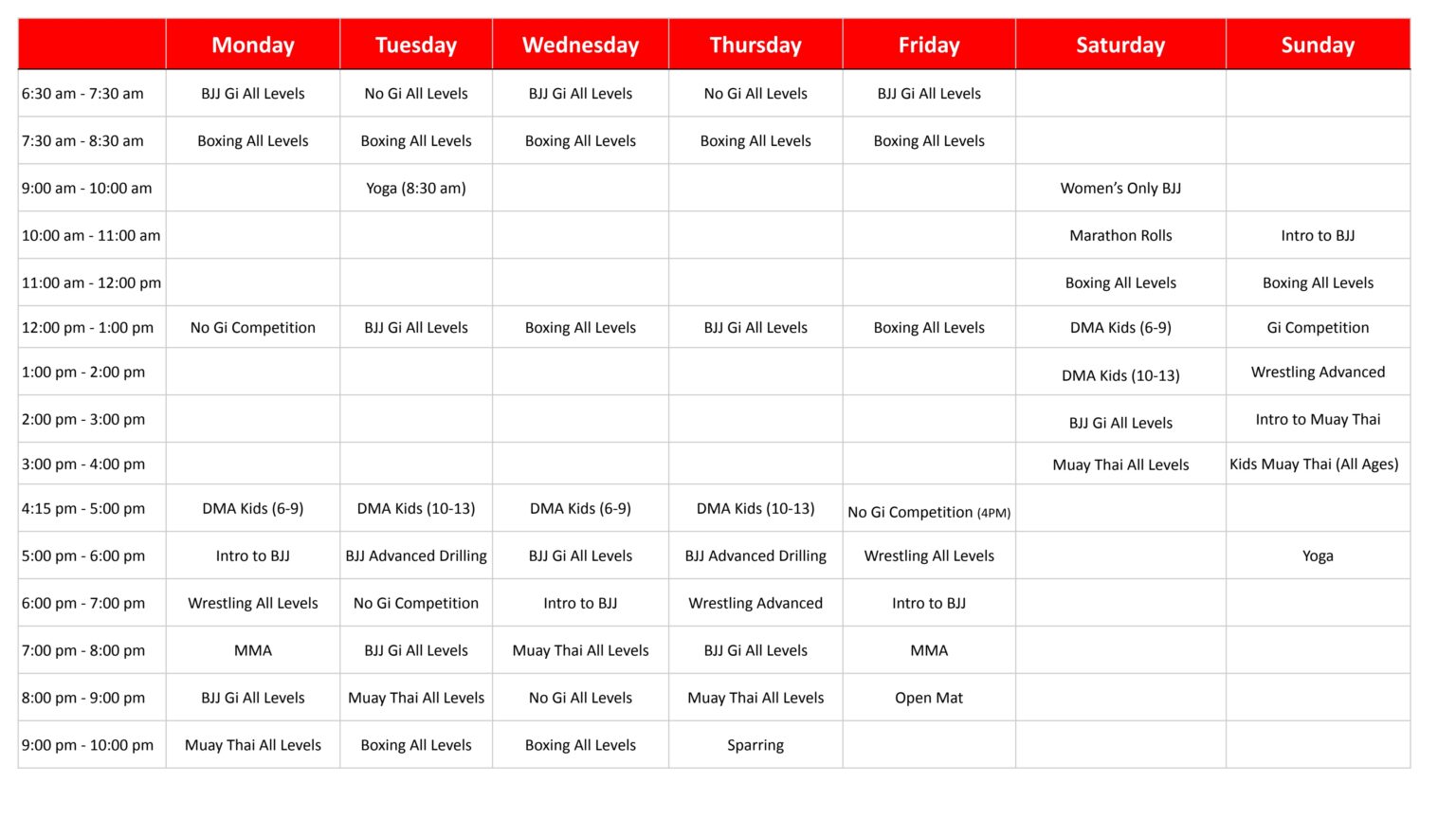 Weekly class schedule grid with times on the left and daily BJJ, boxing, yoga classes across Monday–Sunday